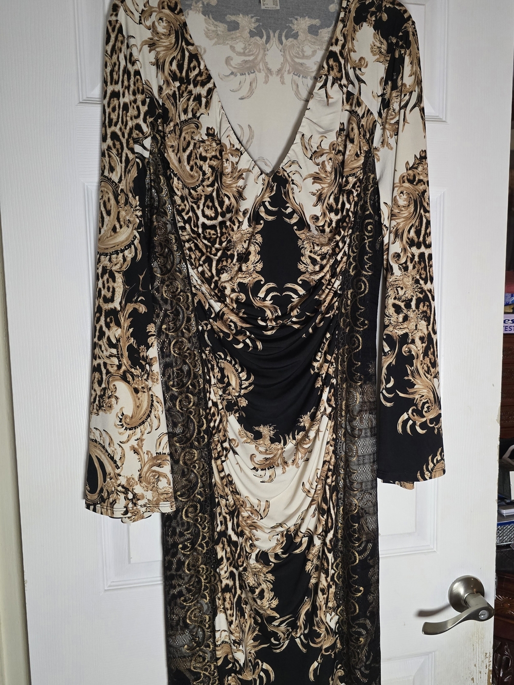VENUS Black and Cream Baroque Long Sleeve Draped Dress XL